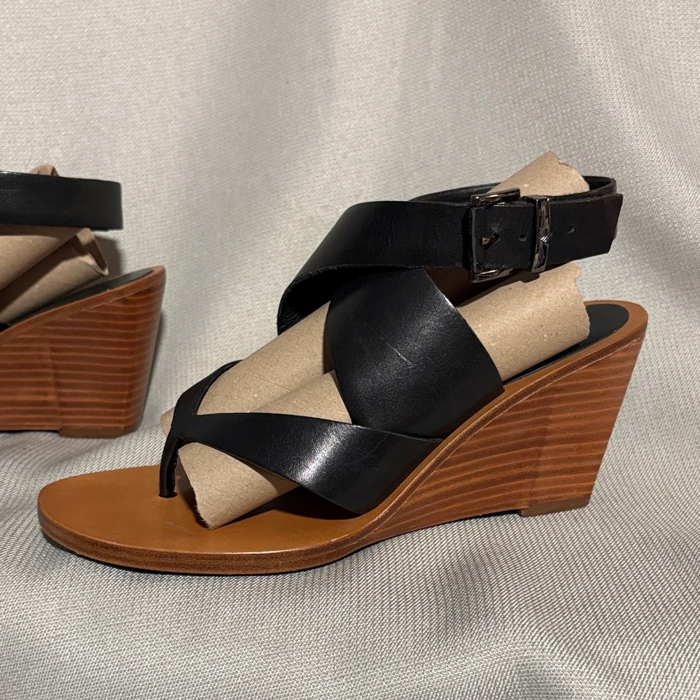 7 For All Man Kind Black Leather Wedge Sandals Size 7 1/2